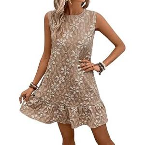 SOLY HUX Women's Sleeveless Tank Dress Round Neck Ruffle Hem Casual Jacquard Hem Smock Summer Mini Dresses for Women Plain Khaki X-Small