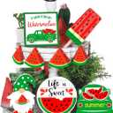 Yalikop 11 Pieces Summer Hawaii Tiered Tray Decor Set Summer Wood Sign Beach Sunshine Tiered Tray Decorations for Beach Home Table Shelf(Watermelon Style)