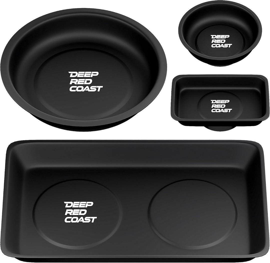 Magnetic Tray 4 Pack, Stainless Steel Magnetic Parts Tray Set, 3 Inch and 6 Inch Round Trays, Square Tray and Shallow Tray, Magnetic Tool Tray for Nuts Bolts Screws, Black