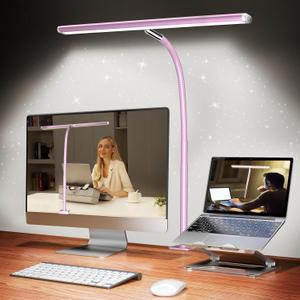 Airlonv LED Desk Lamp for Office Home, Eye-Caring Desk Light with Stepless Dimming Adjustable Flexible Gooseneck, 10W USB Adapter Desk Lamp with Clamp for Reading, Study, Workbench (Pink) (Standard)