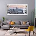 Window View New York Skyline Canvas Wall Art- City Landscape Canvas Print Pictures Painting Artwork Framed for Living Room Bedroom Bathrom Offce Decor-24"x48"