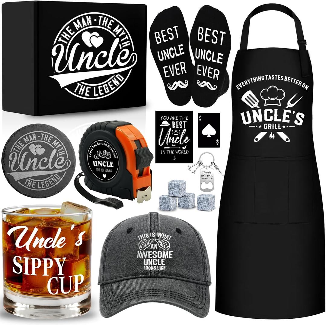 14 Pcs Best Uncle Ever Gifts with 11 Oz Uncle's Sippy Cup Whiskey Glass 4 Whiskey Stones Coaster Apron Hat Sock Tape Measure Keychain, Birthday Father's Day Christmas Gifts for Uncle