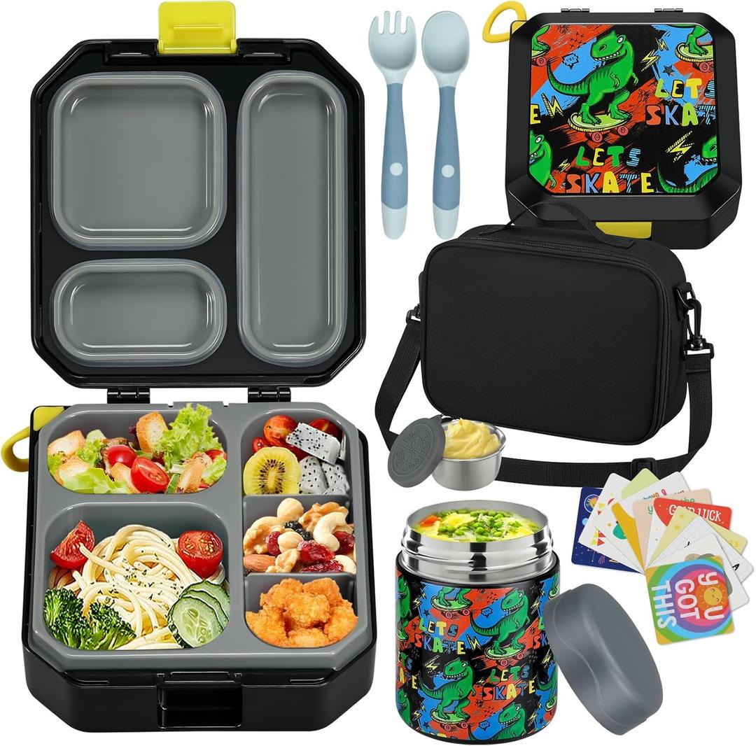 Bento Lunch Box for Kids with 12oz Soup Thermo Leak-Proof Lunch Food Container with 5 Compartment Thermo Hot Food Jar and Insulated Lunch Bag for Kid Toddler Girls Boys to School (Black - Dinosaur)