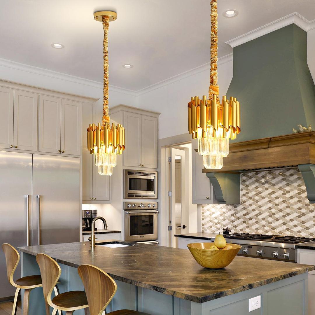 Modern Gold Crystal Chandelier 2-Tier Round Pendant Lighting Light Fixture Chandelier for Kitchen Island Entryway Bathroom BedHead Bedroom (D7.4"XH10.2" Gold)