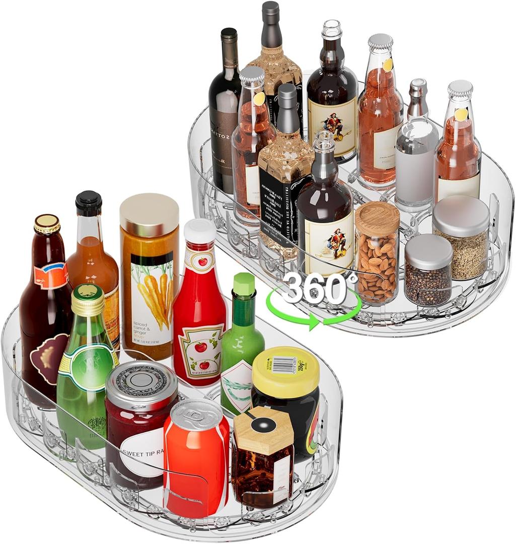 Lazy Susan Organizer for Refrigerator, 13.5'' x 8.5'' Clear Rectangular Turntable Fridge Organizer for Condiments in Refrigerator, Cabinet, Pantry, or Kitchen Countertop (2 Pack)