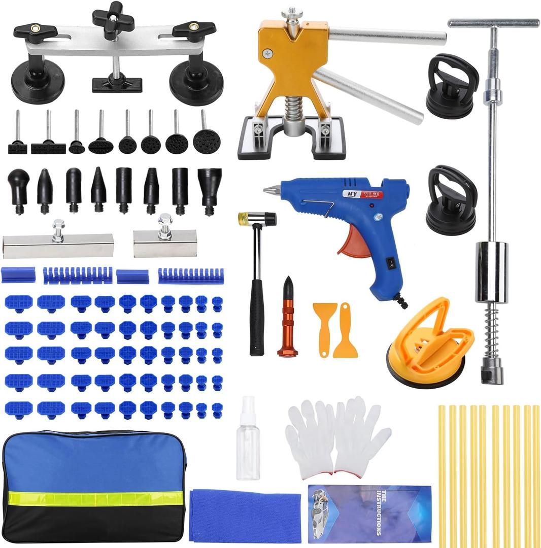 97PCS Dent Puller Kit, Paintless Auto Body Dent Repair Kit with Golden Lifter, Slide Hammer T-bar Dent Puller, Bridge Puller, Suction Cup and Glue Gun for Car Dent Remove Auto Body Dent Removal Kit