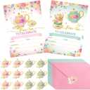 Geyoga 24 Pcs Tea Party Invitation Cards with Envelopes and Stickers, Little Girl Garden Tea Cup Time Bridal or Baby Shower Invite, Themed Ladies Event Ideas, Printed or Fill in the Blank Card
