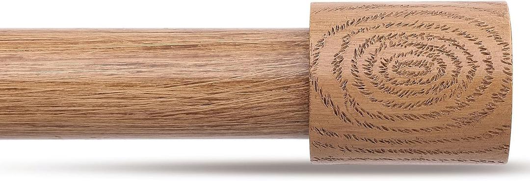 Wood Curtain Rods, 1'' Decorative Adjustable Rustic Farmhouse Drapery Rod, Heavy Duty Boho Curtain Pole for Windows 48 to 84 Inch with Imitation Wooden Grain Finials, (Light Wood/Unique Design)