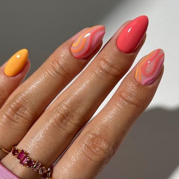 MERVF Press on Nails Medium Almond Fake Nails Pink Orange Glue on Nails Swirls Lines Press ons Stiletto Solid Color Acrylic False Nails with Design Glossy 24pcs (3119Pink)