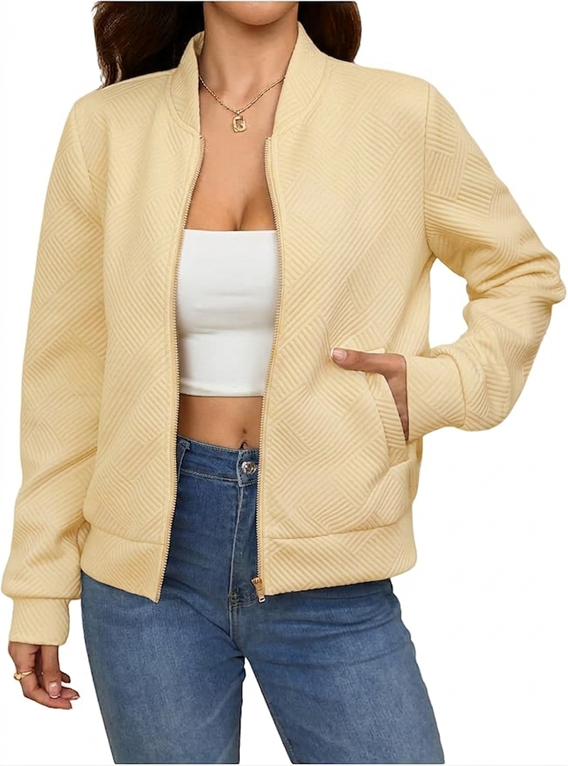 Verdusa Women's Zip Up Bomber Jacket Casual Long Sleeve Textured Lightweight Coat Business Casual Outfits Spring Fall Clothes Yellow, Medium