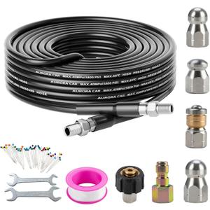 Sewer Jetter Kit for Pressure Washer 30FTDrain Cleaner Hose 1/4 Inch NPT Corner, Rotating and Button Nose Sewer Jetting Nozzle Kit Waterproof Tape Pearl Corsage Pin and Spanners5800PSI