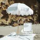 Business & Pleasure Co. Holiday Umbrella - Boho Beach Umbrella with White Fringe, UPF 50+, 1" Tilting Wood Pole, 5 x 6.5, Antique White