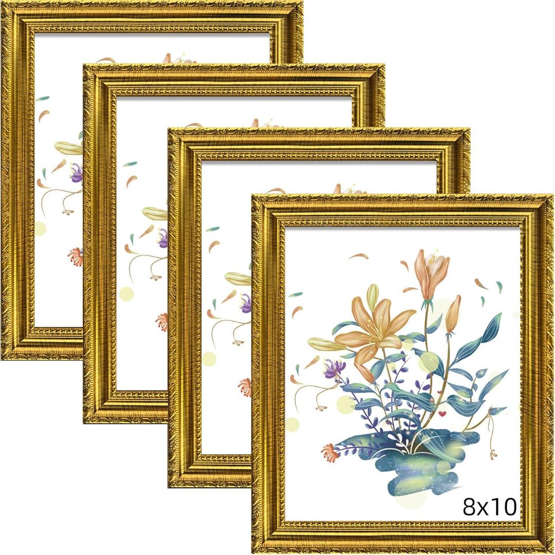 BESCRCL 8x10 Picture Frame Gold with Real Glass, Ornate Vintage 8 x 10 Photo Frames for Wall and Tabletop Display, Set of 4