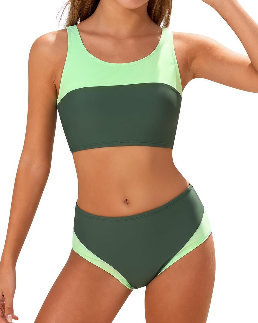 Kids4ever Girls Swimsuits Two Piece Color Block Teen Bathing Suits with Adjustable Straps Bikini Sets Size 13-14Y