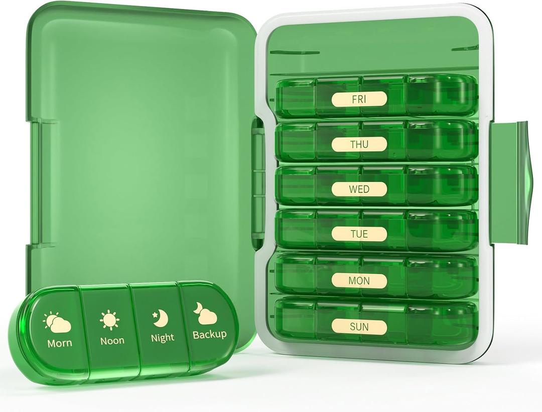 Weekly Pill Organizer 4 Times a Day, 7 Day Pill Box 4X, Portable for Travel Pill Case for Pills/Vitamin/Fish Oil/Medication/Supplements (4x7 Green)