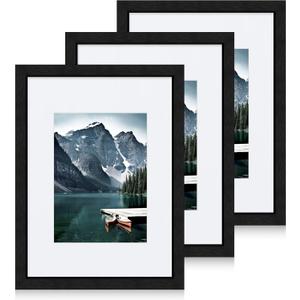Hongkee 9x12 Black Picture Frames set of 3, Made of Wooden and Glass Photo frame - Displays Picture 6x8 with Mat or 9 x 12 without Mat, Desktop & Wall Collage Frame set
