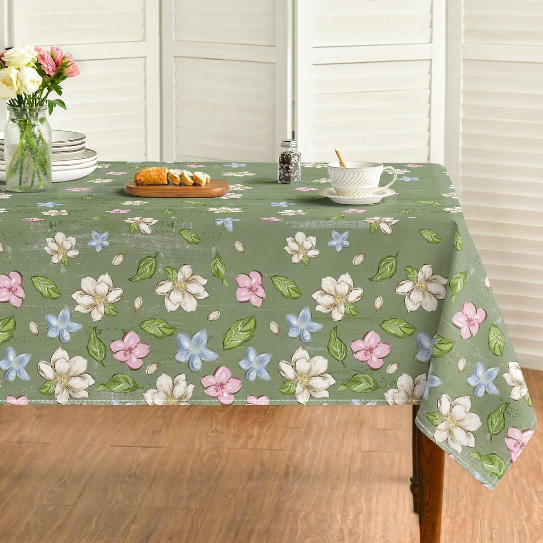 Horaldaily Spring Tablecloth 60×104 Inch Rectangular, Elegant Turquoise‌ Magnolia Flower Washable Seasonal Table Cover for Party Picnic Dinner Decor