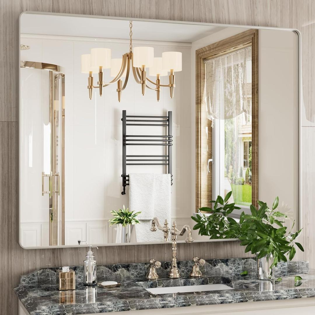 JISOSO Brushed Nickel Bathroom Mirror 48x36 Inch, Brushed Silver Metal Frame Mirror Wall Mounted, Rounded Rectangle Bathroom Vanity Mirror, Tempered Glass, Anti-Rust, Horizontal/Vertical