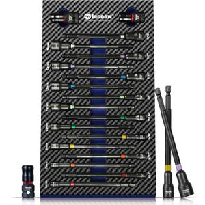 Facoow 6 Impact Nut Drivers Set Magnetic, 18pcs Color Coded SAE & Metric Impact Nut Drivers, Extra Long Nut Drivers for Impact Drills, Impact Sockets Adapters (1/2" & 3/8") Impact Wrenches