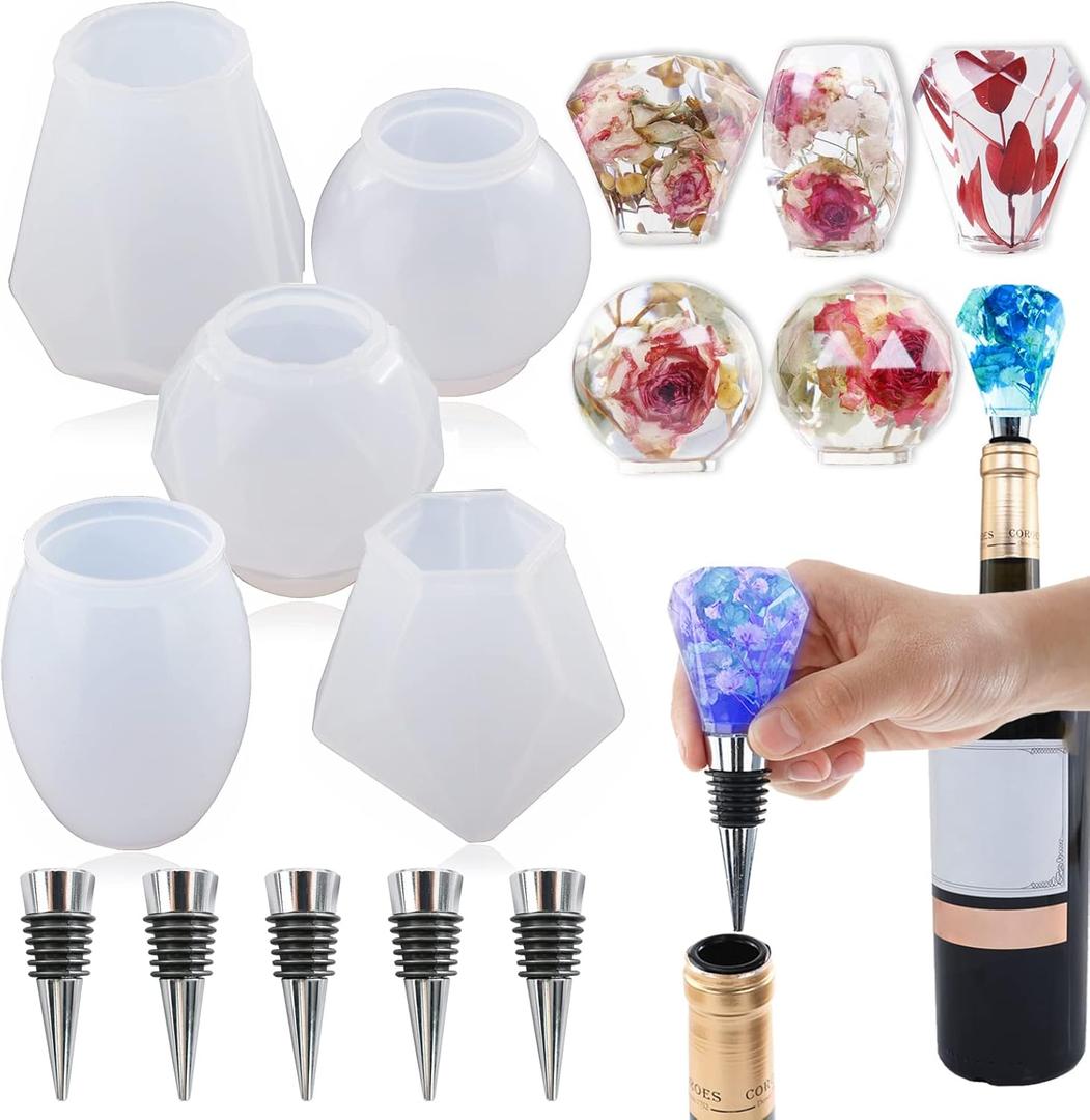 Silicone Resin Molds Set with 5PCS Wine Stoppers, 5PCS Wine Bottle Stopper Saver Mold, Crystal Gem Stone Epoxy Resin Mold, Geometric Spherical Silicone Molds for DIY Craft