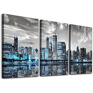 SERIMINO Chicago Skyline Wall Art for Living Room, Modern City Pictures Canvas Wall Decor for Office Bedroom 3 Pieces Set Night Scene Prints Paintings for Home 16"X24"