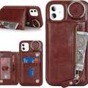 for iPhone 11 case Wallet with Card Holder for Women Men Shockproof Phone case with Keychain Ring Stand Leather Zipper Credit Card Slots-Deep Brown