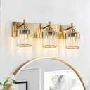 Modern Crystal Bathroom Vanity Lights, Gold 3-Lights Bathroom Light Fixtures Over Mirror, Crystal Wall Lighting with Polished Brass Finish (Gold-Round Shade)