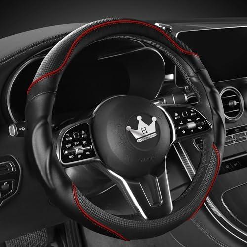 HighnessHwoo 3D Car Steering Wheel Cover Comfort Grip Massage Sporty Anti-Slip Carbon Fiber Faux Leather for F150, Trucks, Jeep, Van, Car Handle Covers for All Seasons, 15.2-16in, Red