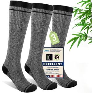 Mens Compression Socks for Men Women (3 Pairs) 15-20 mmHg Bamboo Viscose Knee High Sock for Travel L/XL (Light Gray)
