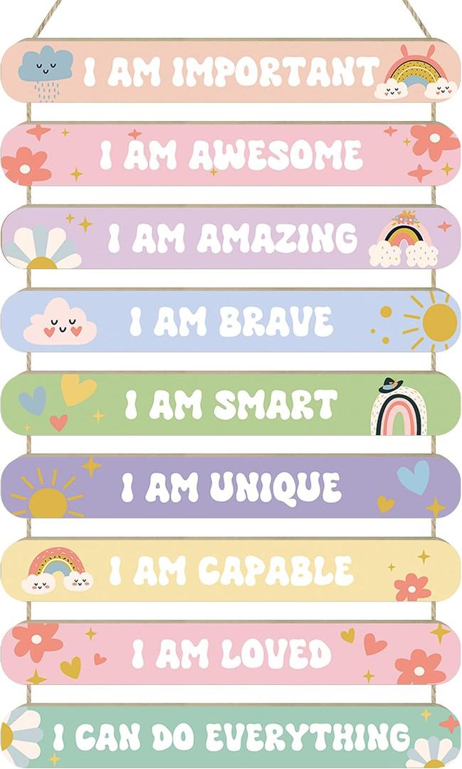 MONALET Pastel Boho Inspirational Wall Decor for Girls Kids Room Nursery Toddlers Playroom Classroom, Positive Affirmations Hanging Wooden Signs Decorations, I Am Loved Wall Art Wood Plaque 9Pcs 12x19