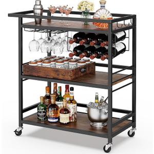 Leteuke Bar Cart for Home, 3 Tier Black Serving Rolling Carts with Wheels, Drink Cart, Liquor Stand with Removable Tray, Wine Rack and Glass Holder for Kitchen, Outdoor, Dining Room-Black Brown, 15”D X 31.49”W X 38”H