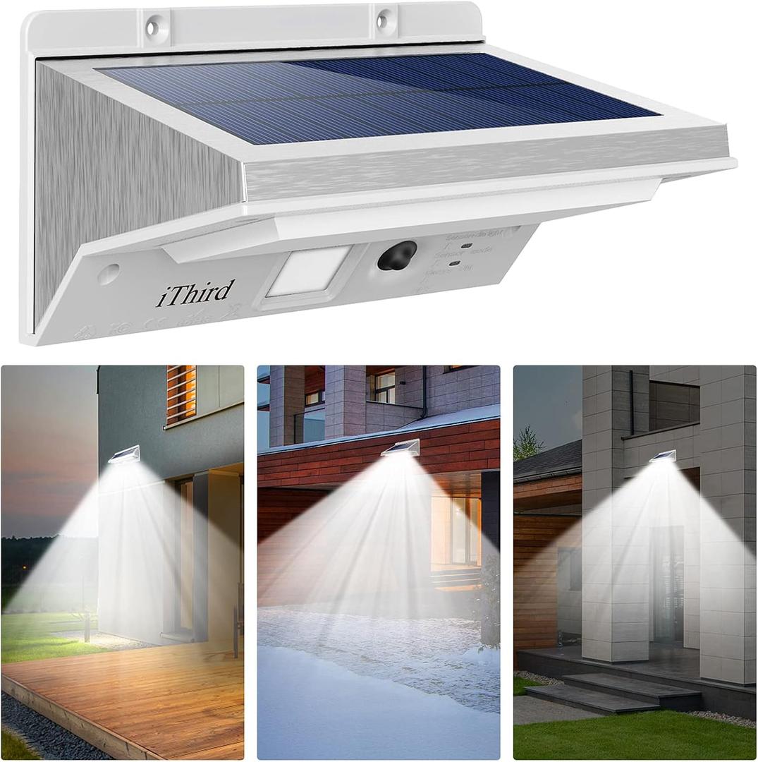 iThird Solar Lights Outdoor Motion Sensor, LED Solar Powered Outdoor Lights Stainless Steel Solar Security Light for Yard Patio Garage Porch Waterproof 3 Modes Flood Light Super Bright(Daylight)
