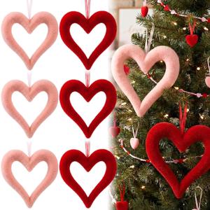 6 Pcs Large Heart Ornaments for Valentines 10'' 3D Glitter Heart Hanging Ornament for Tree Wreath Door Home Window Valentine's Day Wedding Holiday Decor(Red and Pink,Flocked)
