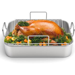 Roasting Pan, EWFEN 17*13 Inch Stainless Steel Turkey Roaster with Rack - Deep Broiling Pan & V-shaped Rack & Flat Rack, Non-toxic & Heavy Duty, Great for Thanksgiving Christmas Roast Chicken Lasagna