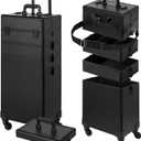 Rolling Makeup Case, Makeup Train Case with Lid, 5 in 1 Cosmetology Case on Wheels, Christmas Gift, Large Makeup Organizers, Profesional Cosmetic Case for Salon Barber, Black