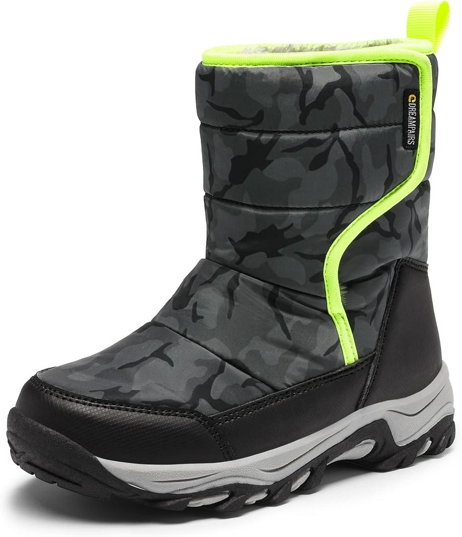 DREAM PAIRS Kids' Waterproof Snow Boots with Hook and Loop Mid Calf Faux Fur Lining Winter Boots (12 Little Kid, Camouflage/Gray)