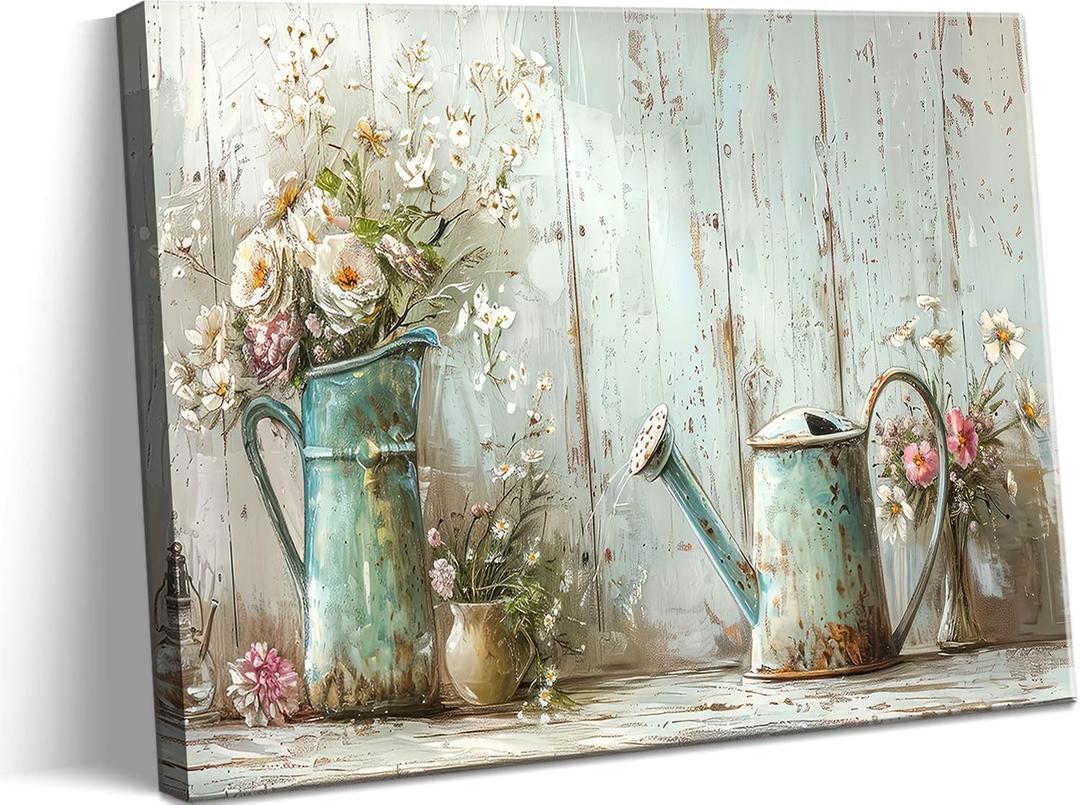 Farmhouse Flower Bathroom Canvas Wall Art Vintage Floral Decor Pictures White Daisy Flowers Watering Can Posters Prints for Bathroom Toilet Washroom Lavatory Home Decoration