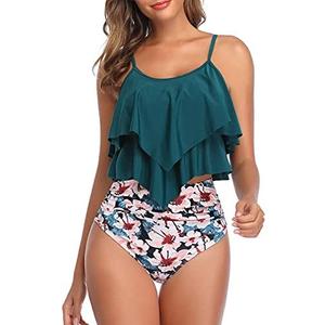 American Trends High Waisted Tankini Swimsuits for Women Flounce Top Tummy Control Bathing Suits, Size Small
