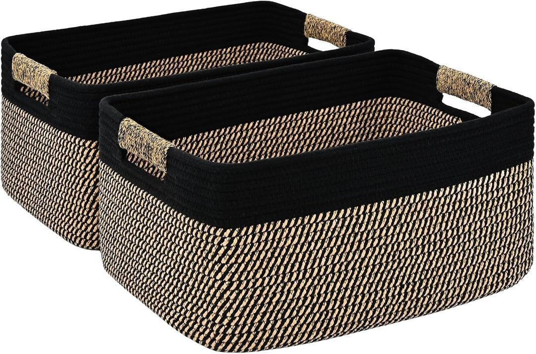 2 Pack Large Storage Basket for Organizing, 17.5"x13"x7" Woven Basket for Shelves, Closet Cube Storage Bins with Wrapped Handle, Cotton Rope Baskets for Kitchen, Clothes, Toys(Black & Brown)