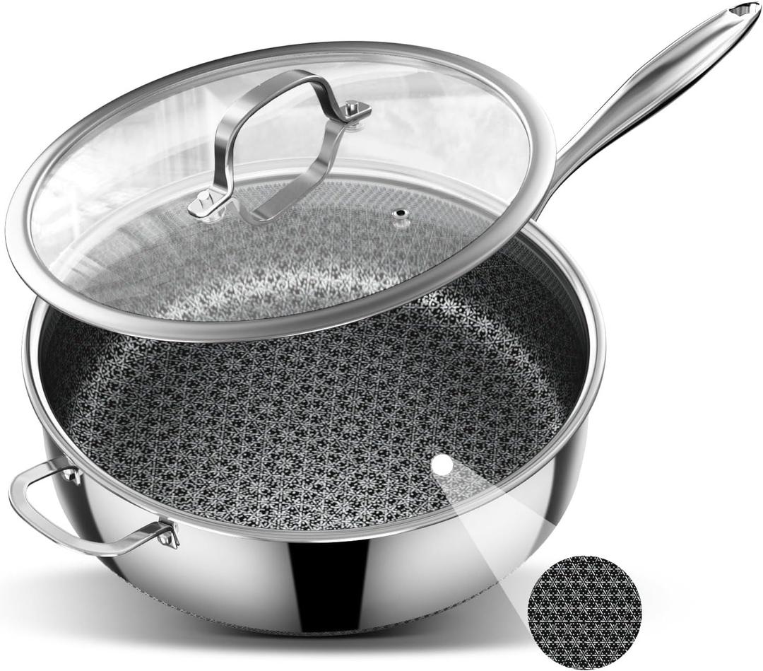 5 Qt Saut Pan with Lid, 10-inch 5 Ply Stainless Steel Sauce Pan with Lid, Non Stick Frying Pans, Cooking Pot Deep Frying Pan Non-Toxic, For Induction, Oven, Dishwasher Safe