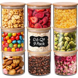 ComSaf 0.6 Qt Glass Food Storage Jars Set of 9, Clear Glass Storage Containers with Lids, Pantry Organization Jar, Spice, Blooming Tea, Oat, Coffee and Sugar Container, Small Canister Set for Kitchen