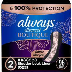 Always Discreet Boutique Incontinence Panty Liners for Bladder Leaks, Size 2, Very Light Absorbency, Long Length, 96 Count (3 Packs of 32)