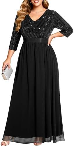 Talisea Womens Plus Size Formal Dresses - V Neck 3/4 Sleeve Sequin Prom Evening Gowns Long Maxi Dress ,26w