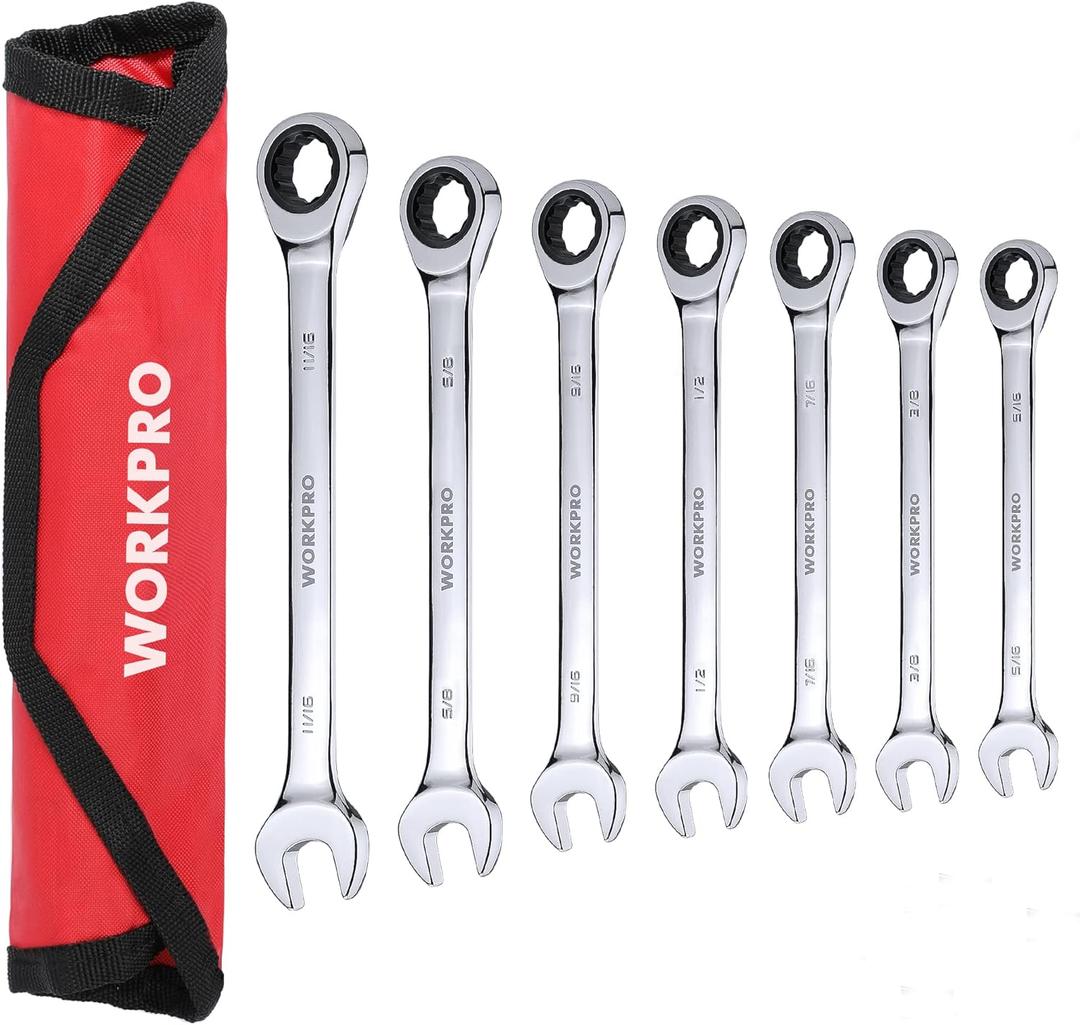 WORKPRO 7-Piece Ratcheting Combination Wrench Set, 72 Teeth, Cr-V Constructed, Combo Ratchet Wrenches Set with Roll Up Pouch, SAE 5/16"-11/16"