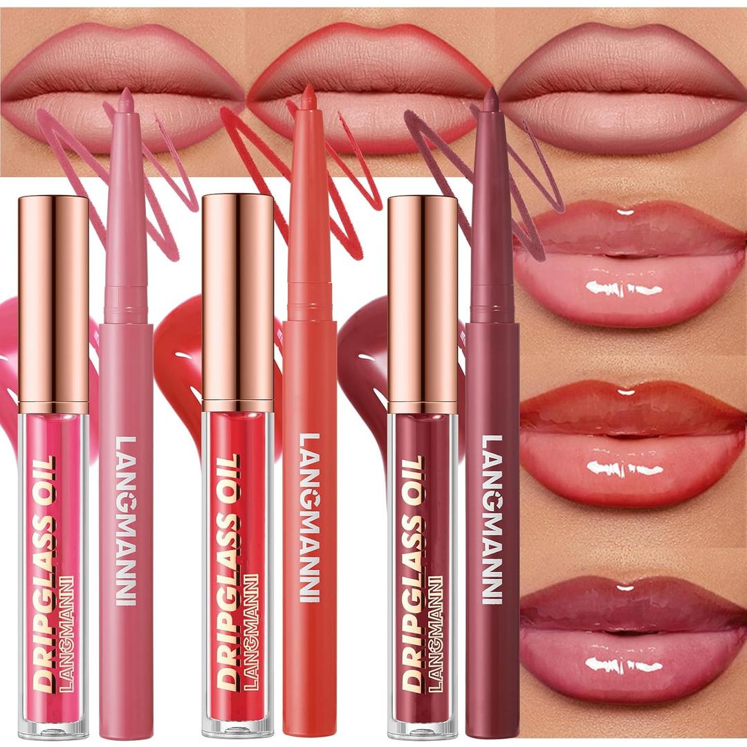 6pcs Hydrating Lip Oils + Lip Liner Pencil Lip Combo Sets, 24H Long-Lasting Lip Kit with Lip Liner and Gloss, Nourishing, Non-Sticky Tinted Stain Lip Gloss Plumping Lip Oil Set for Women(Set B) (Pack of 1)