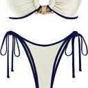 ZAFUL Metal Ring Bandeau Bikini Set Tie Side Bathing Suit High Cut 2 Piece Swimsuit Cutout Swimwear (Small, Silky Beige)