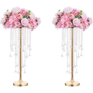 Tall Vases Wedding Centerpieces for Tables - 21.7" Gold Flower Vase with Chandelier Crystal, Centerpiece Table Decorations, Metal Flower Stand for Wedding, Reception, Party, Events, Home, 2 Pcs