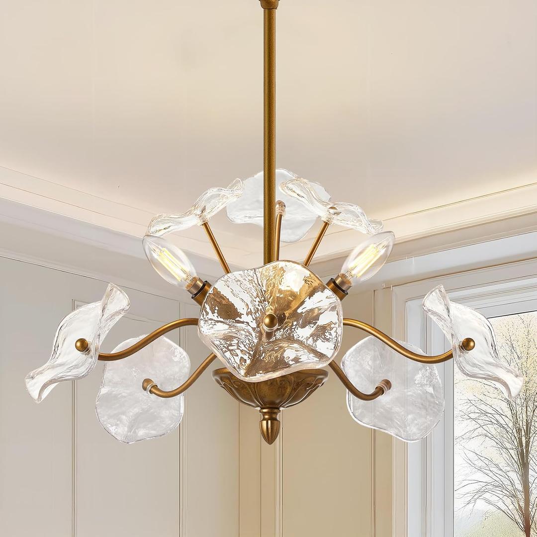 Modern Gold Chandelier, Vintage Brass Flower Glass Pendant Light Fixture, 16.25 inches by 17.75 inches