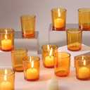 LETINE 12pcs Vertical Stripe Glass Candlestick Holders & Amber Votive Candle Holders