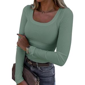 Roselux Womens Long Sleeve Scoop Neck Ribbed Knit Fitted Casual Tops Tee Slim Basic Shirts, Sage green, Small